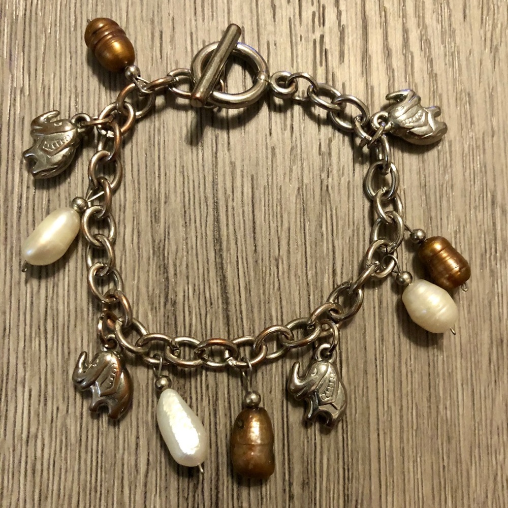 Lucky elephant and pearl link bracelet  7” long